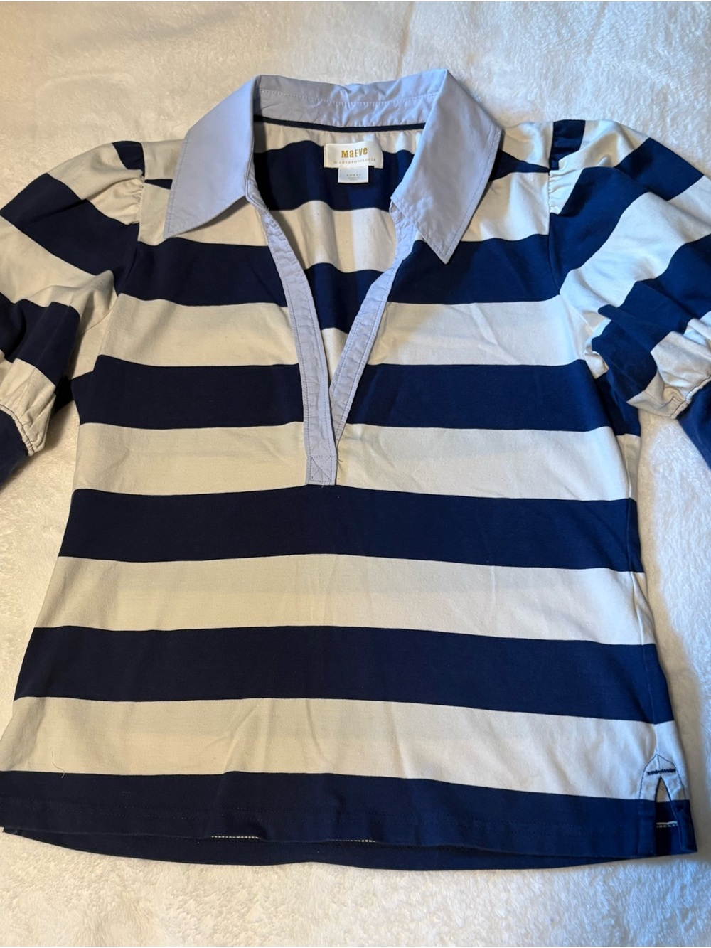 Maeve Navy and White Striped Polo Top